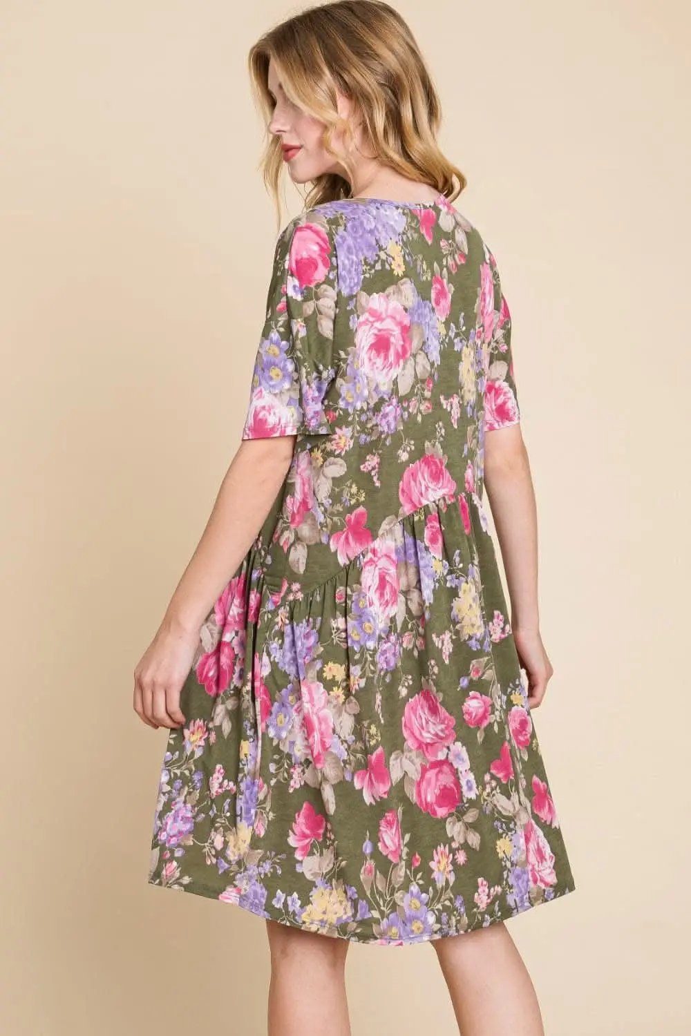 BOMBOM Flower Print V-Neck Ruched Dress for Effortless Elegance - Love Salve